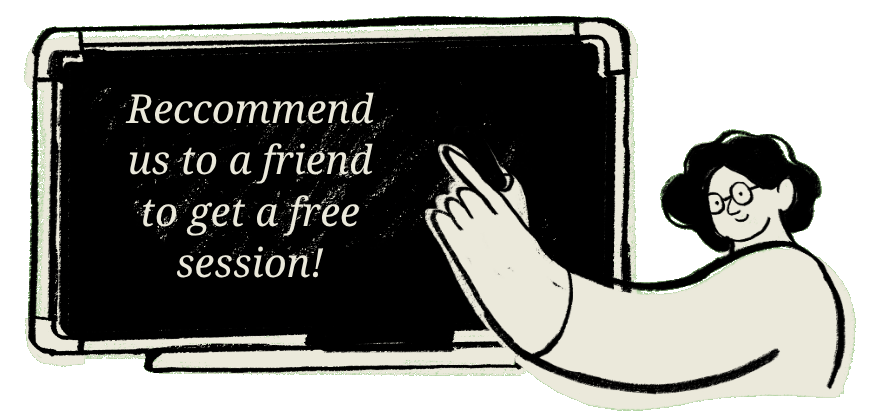 Illustration of a tutor pointing at a chalkboard
